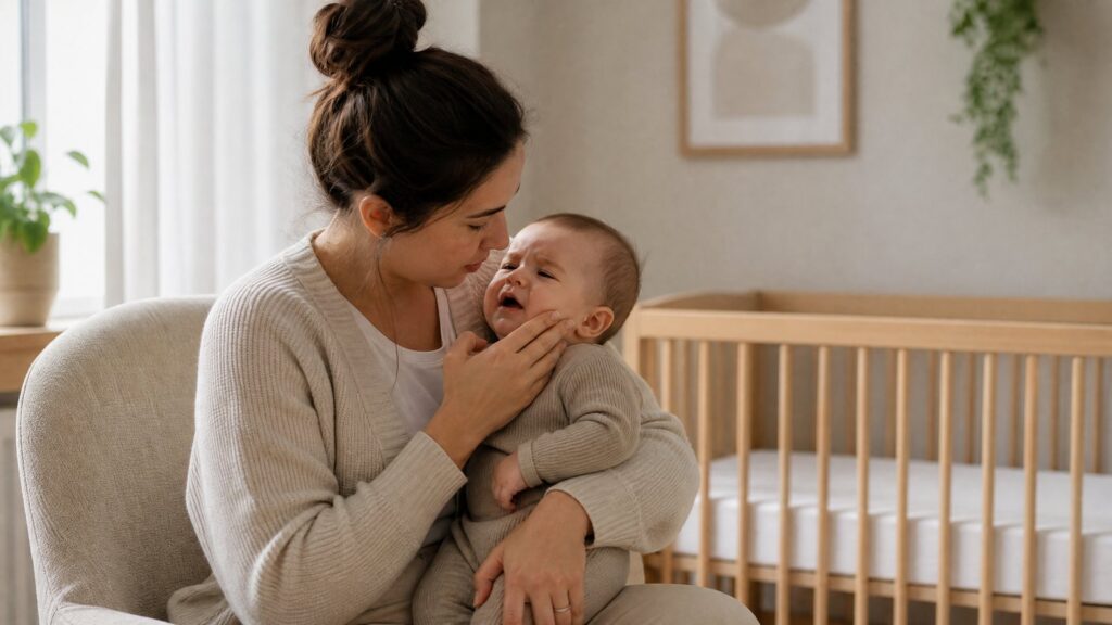 Caregiver comforting a teething infant beside a safe empty crib